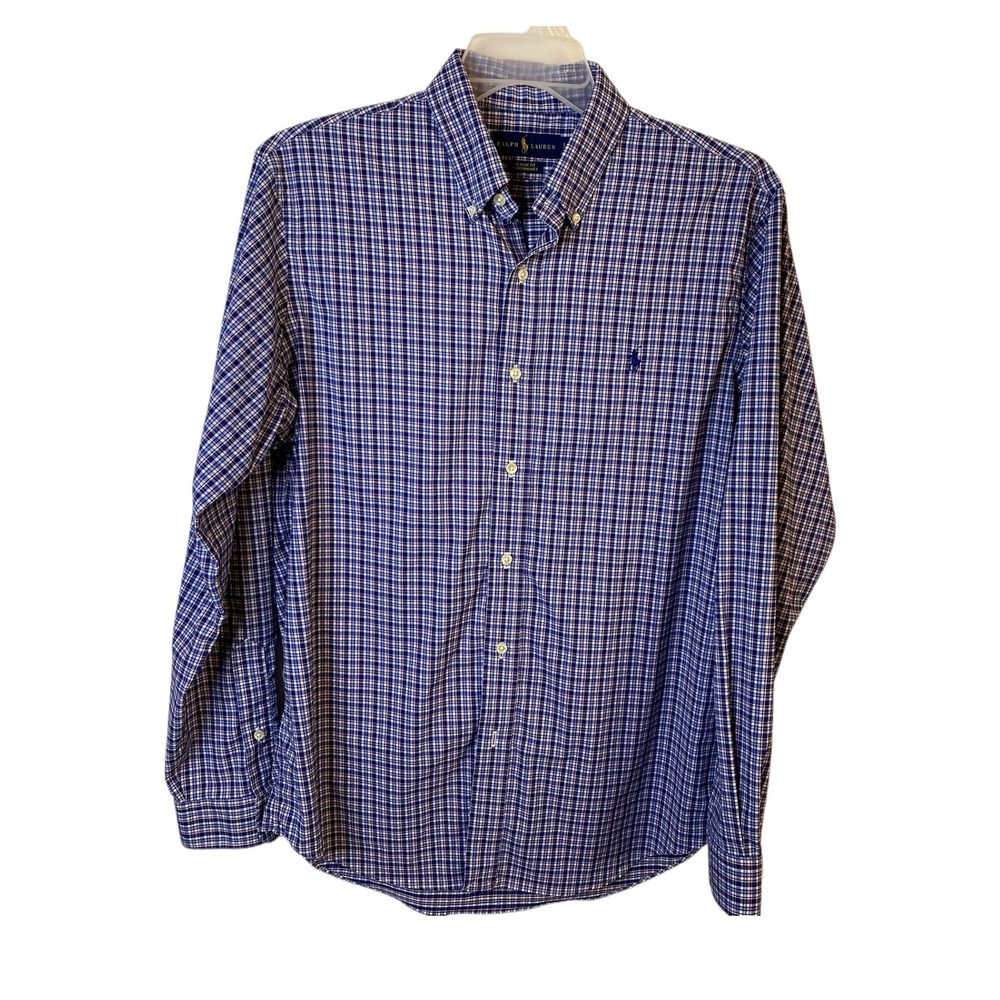 Ralph Lauren Classic Fit Performance Shirt Men's L Blue Plaid Button Up Stretch